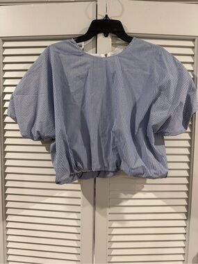 Marc New York Striped Blue Puff Sleeve  Bubble Top elastic banded @ bottom/waist
